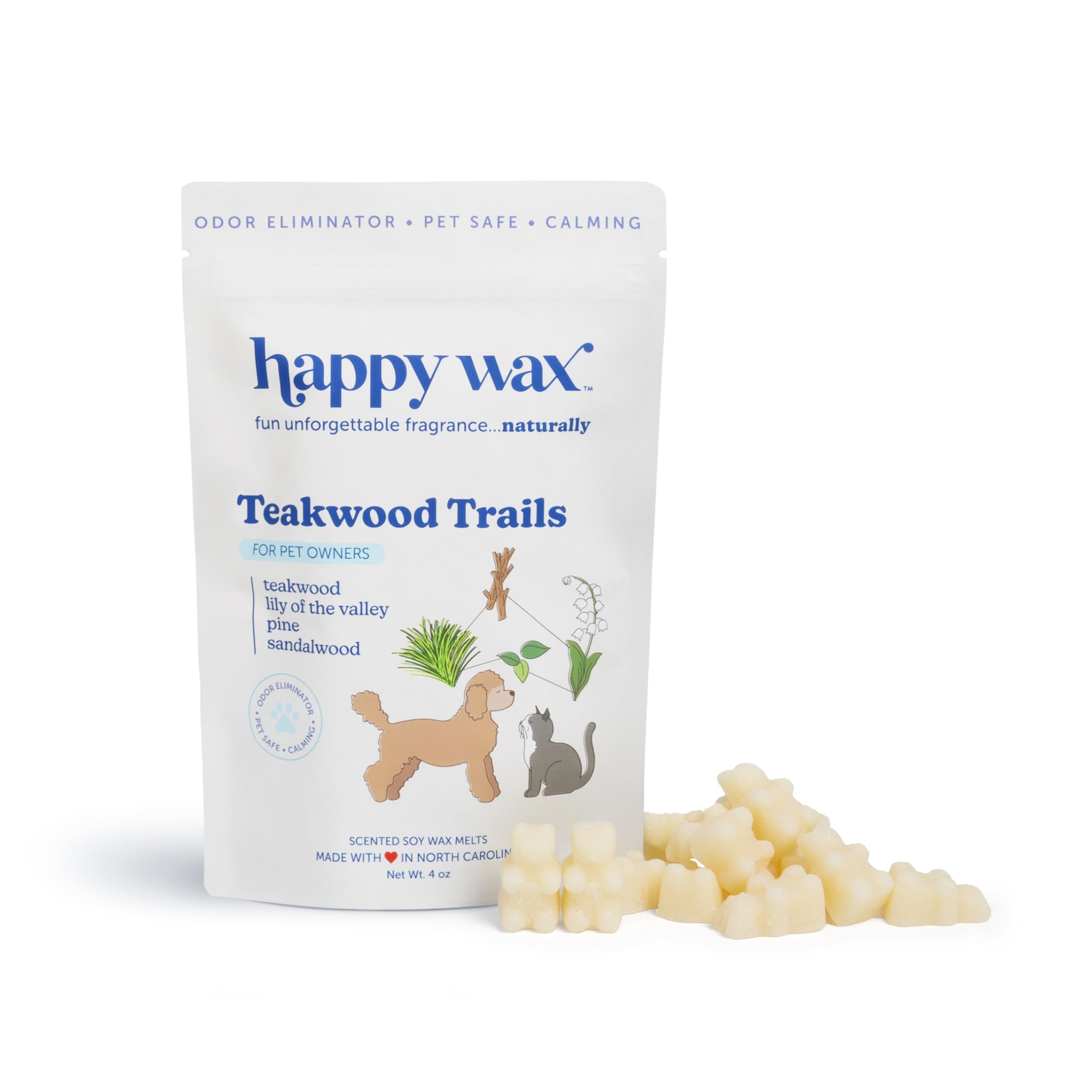 Happy Wax Teakwood Trails bear melts offer long-lasting, woodsy aroma for pet-friendly homes.