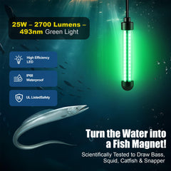 HappyAlley green fishing light provides 360-degree underwater coverage for broad visibility
