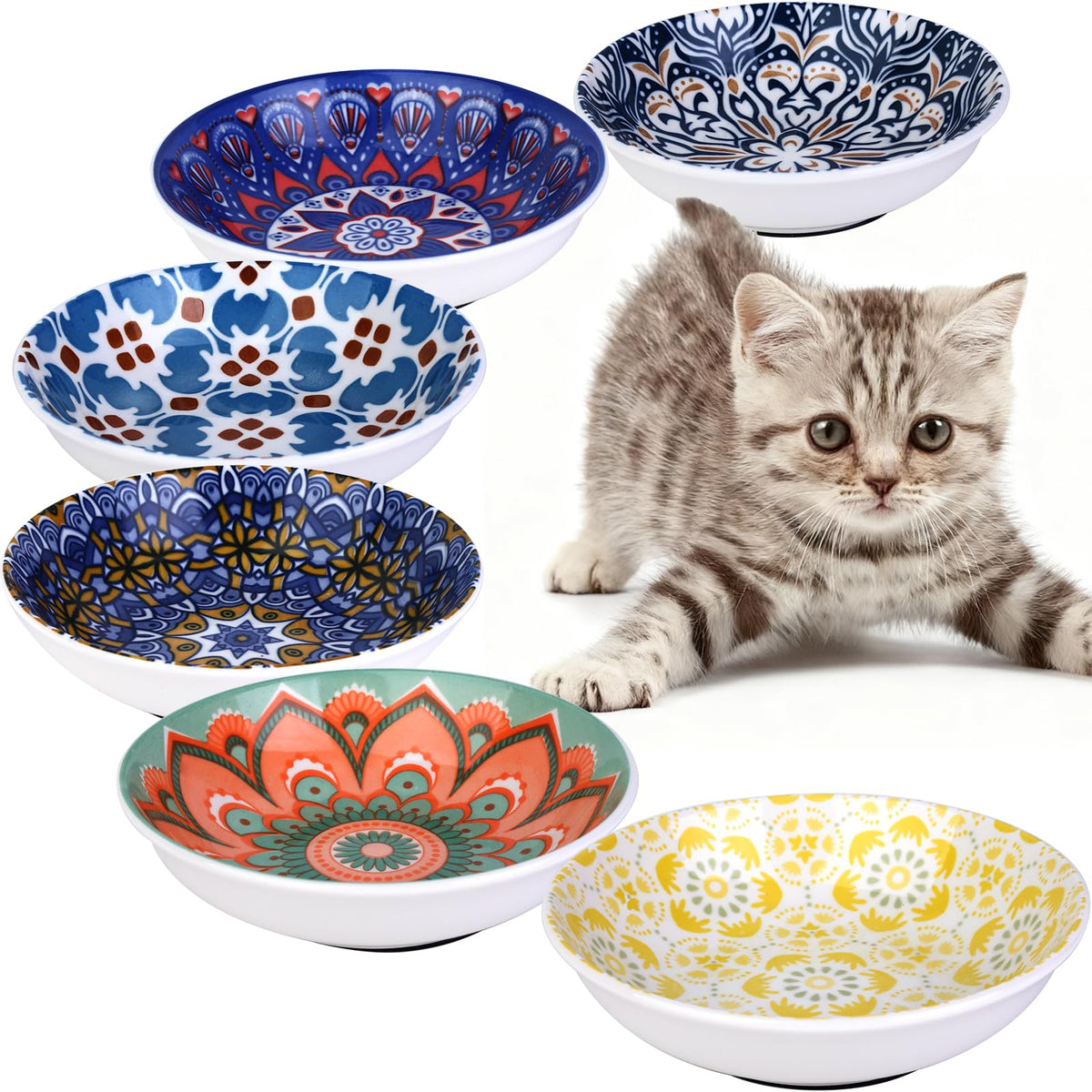 HAPPY KIT ceramic cat bowls 6-pack in colorful set for clean meals