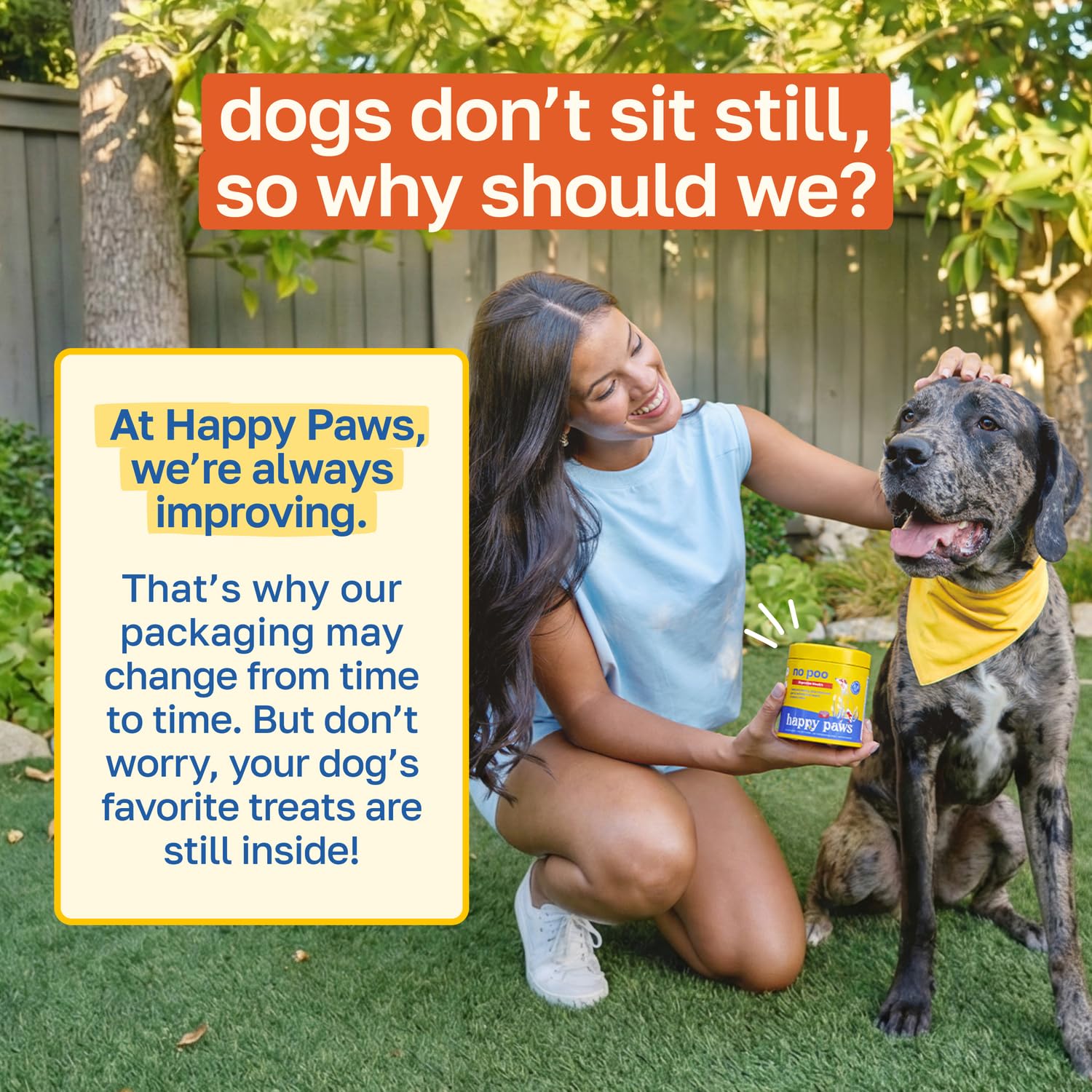 Happy Paws No Poo Chews packaging with vegan label and beef flavor icon.