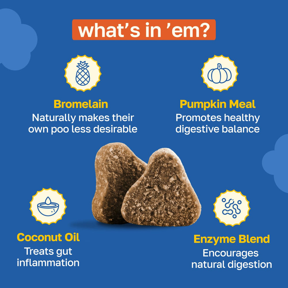 Happy Paws No Poo Chews ingredient labels highlighting pumpkin and probiotics for gut health.