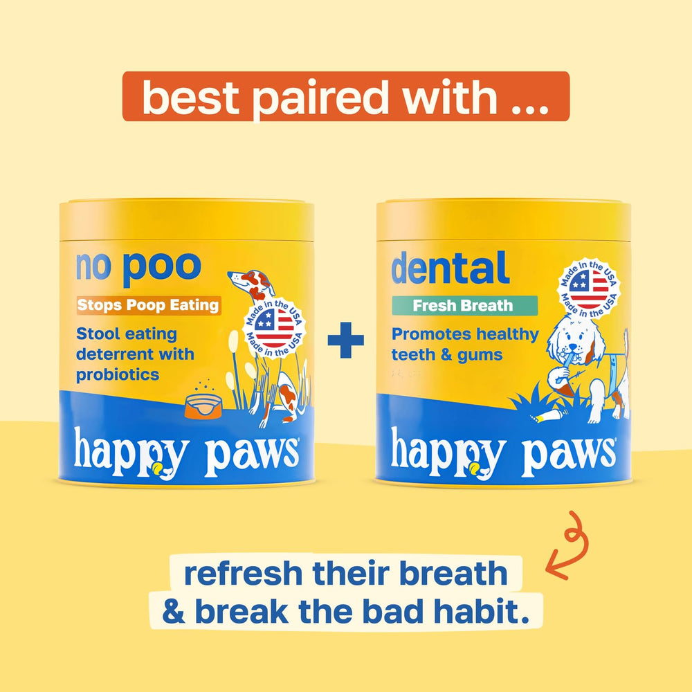 Happy Paws No Poo Chews in a storage drawer ready for daily routine.
