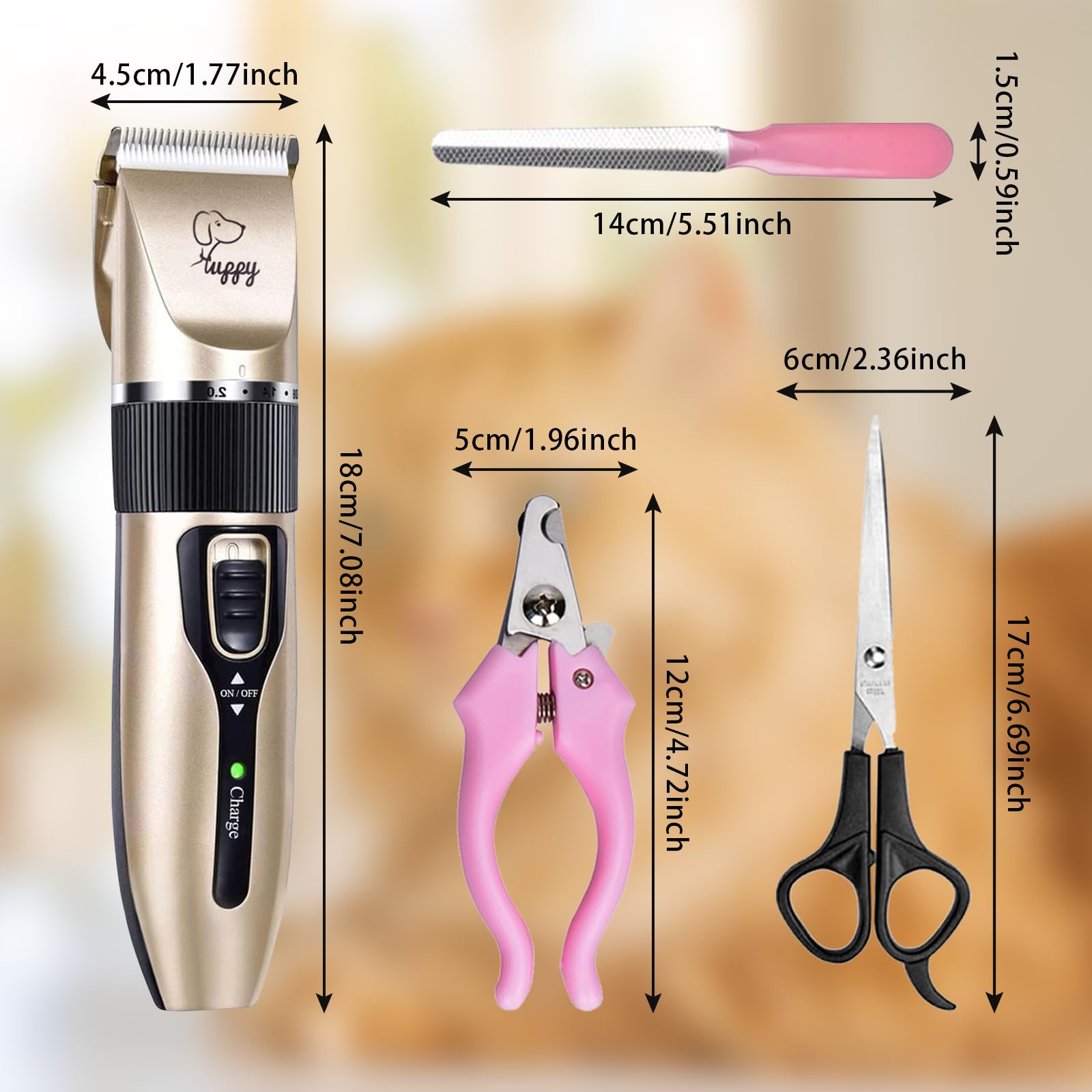 HappyYILIDA grooming kit including scissors and nail clippers for at-home care.