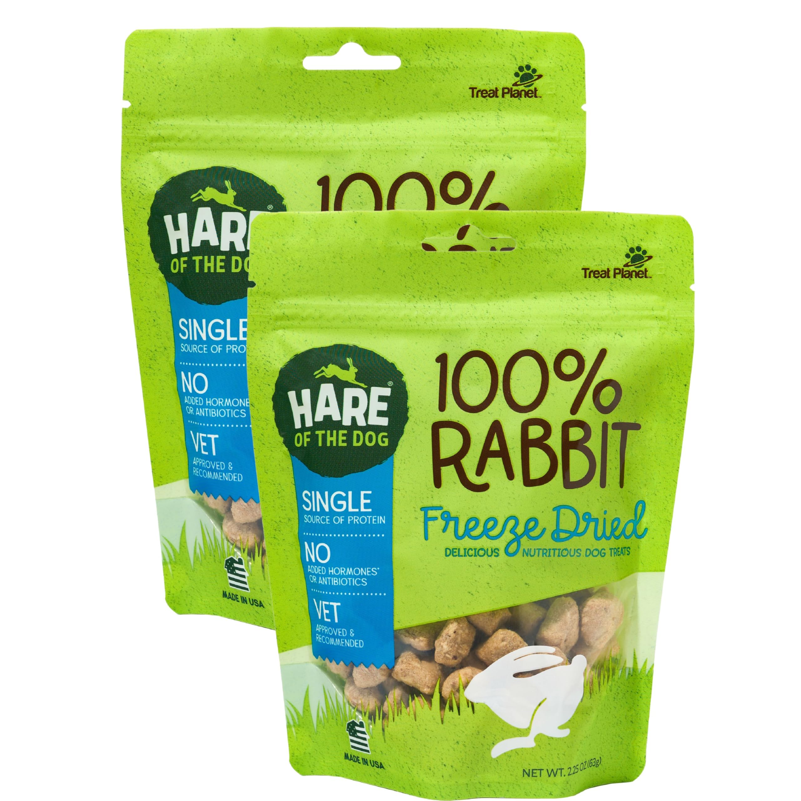 Hare of the Dog packaging close-up featuring freeze-dried rabbit treats, ideal for simple ingredients.