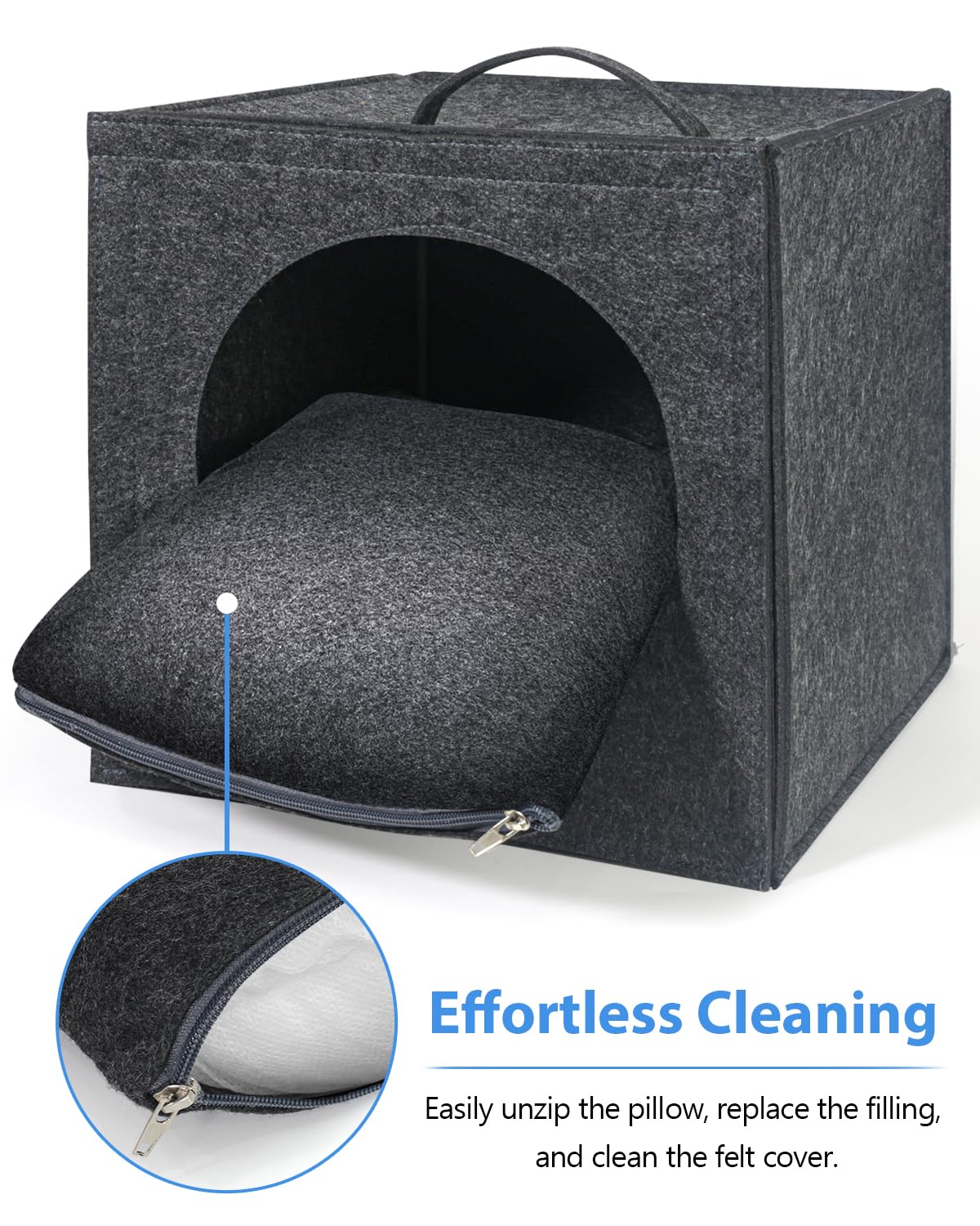 Detachable interior pillow for easy cleaning inside the Harhana Cat Cave.