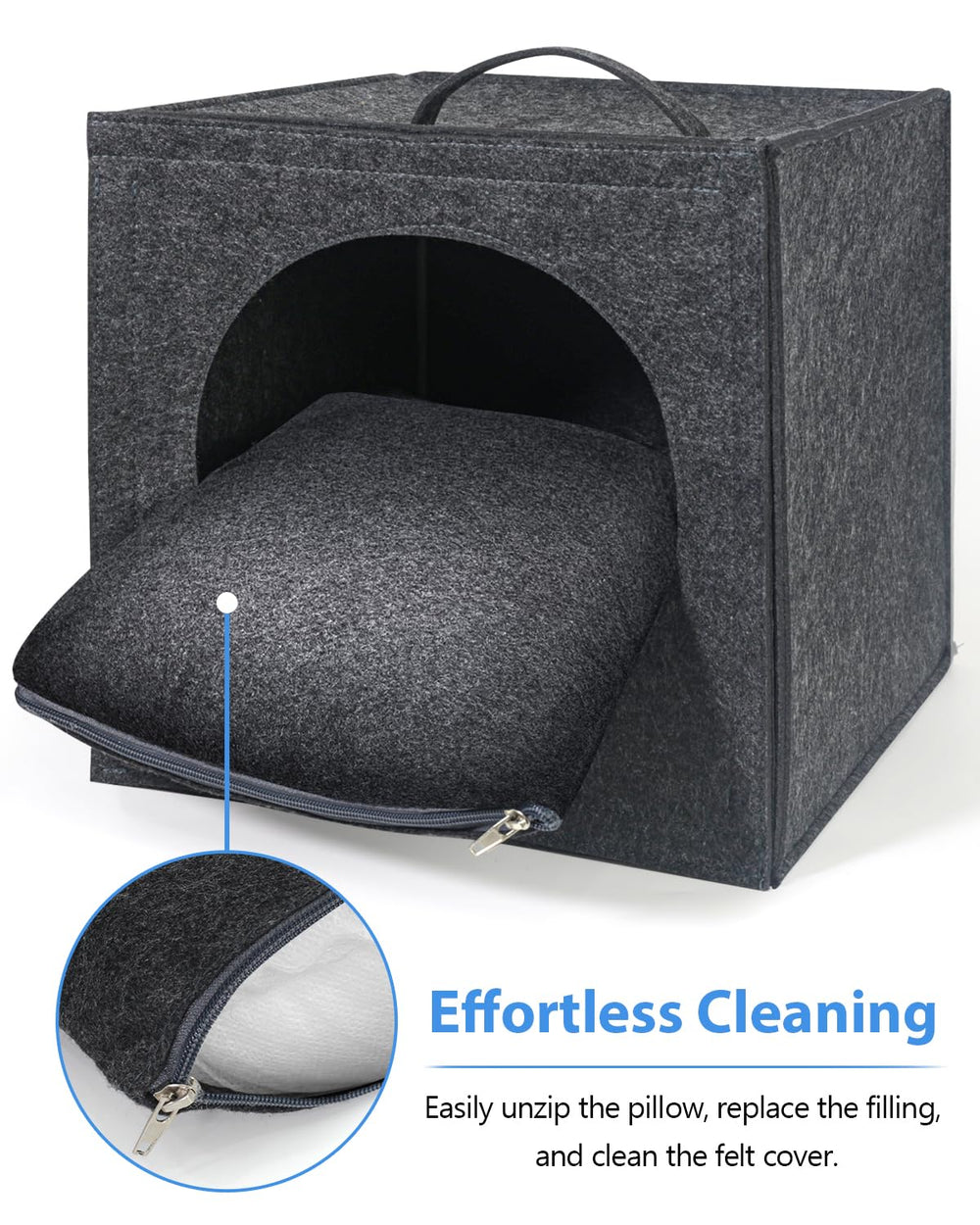 Detachable interior pillow for easy cleaning inside the Harhana Cat Cave.