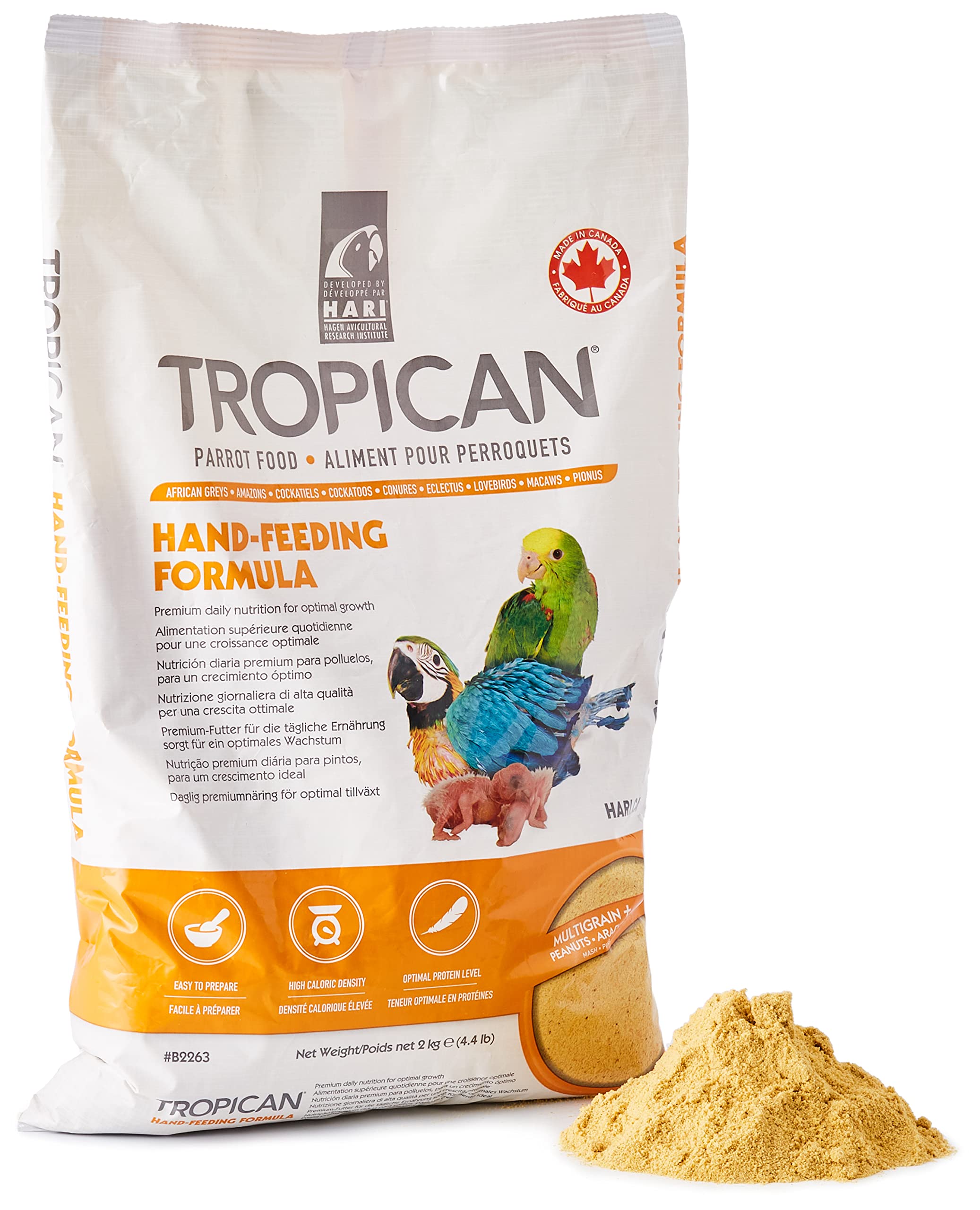 Hari Tropican hand-feeding formula bag showing premium packaging for easy storage and quick mixing.