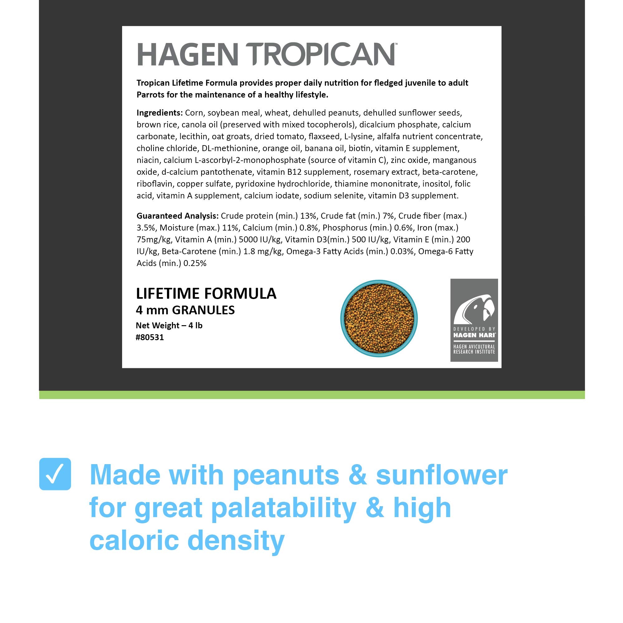 Close-up of Tropican 4mm granules showing easy eating and reduced mess.