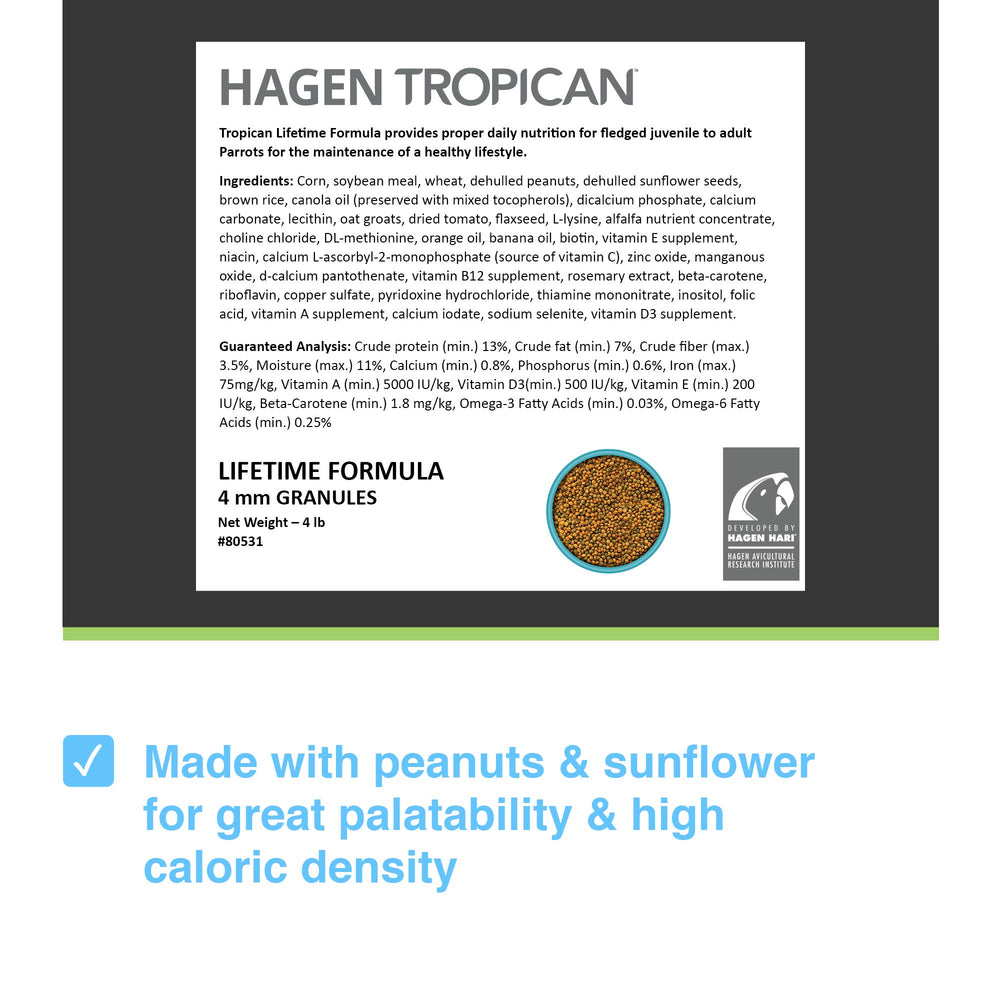 Close-up of Tropican 4mm granules showing easy eating and reduced mess.