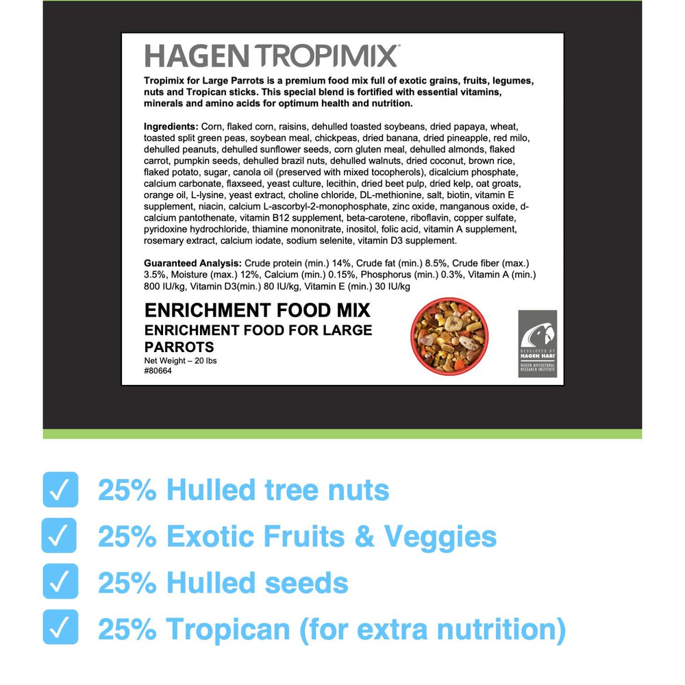 Hari Tropimix colorful meal bowl highlights a diverse mix for stimulating macaw meals.