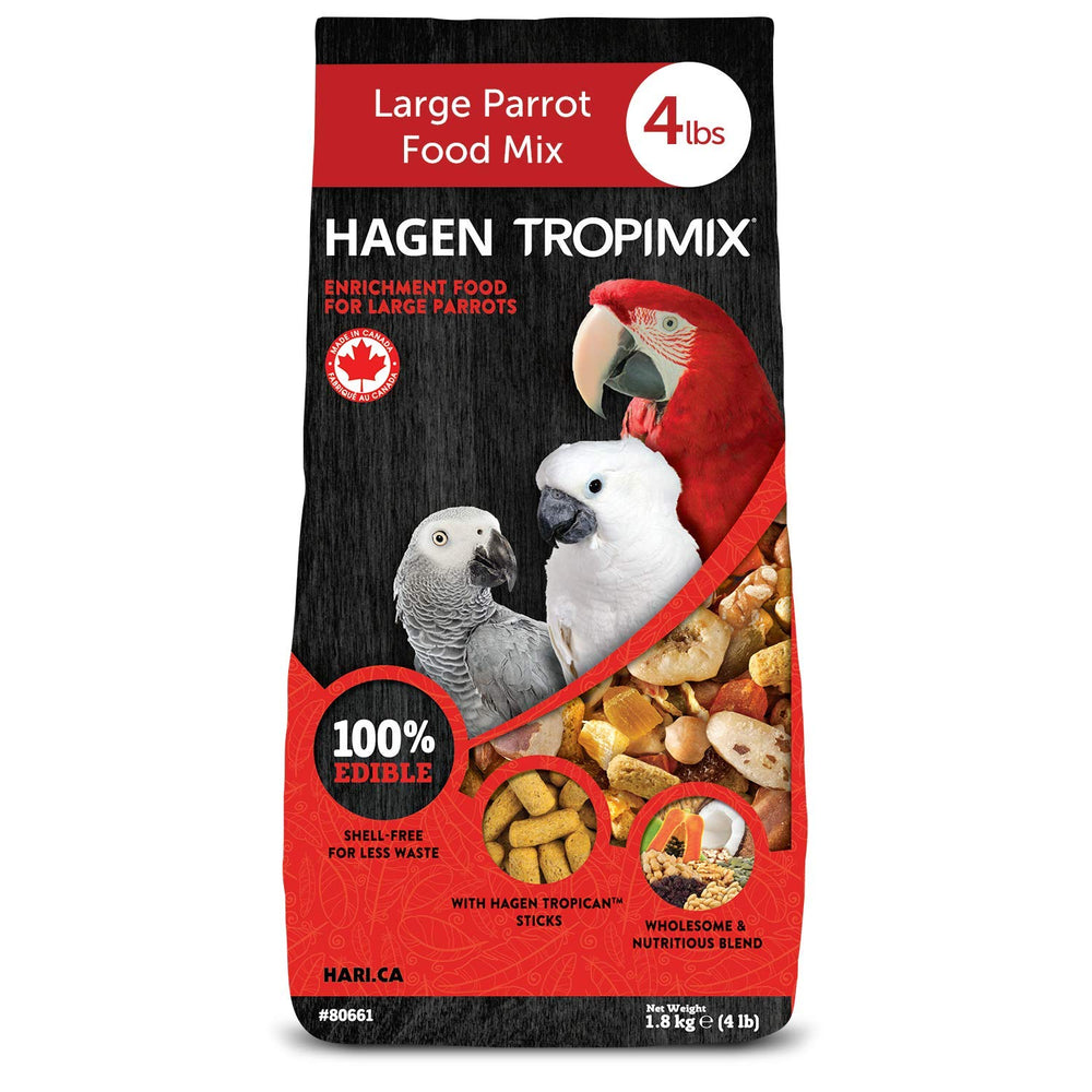 Hari Tropimix large parrot food bag showing varied grains and dried fruits for enrichment.