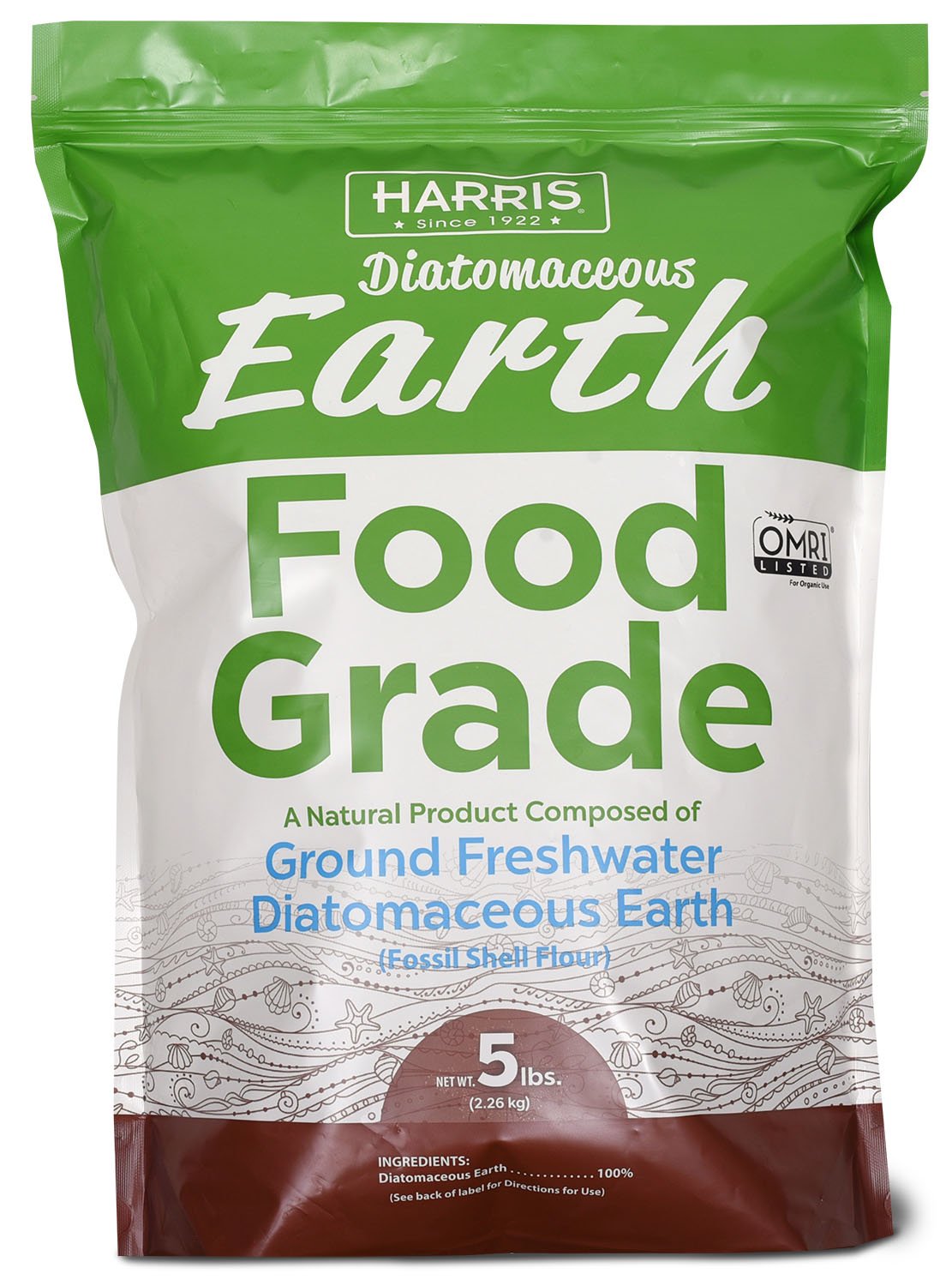 Harris Diatomaceous Earth 5lb bag front, ready for organic farming and gardening.