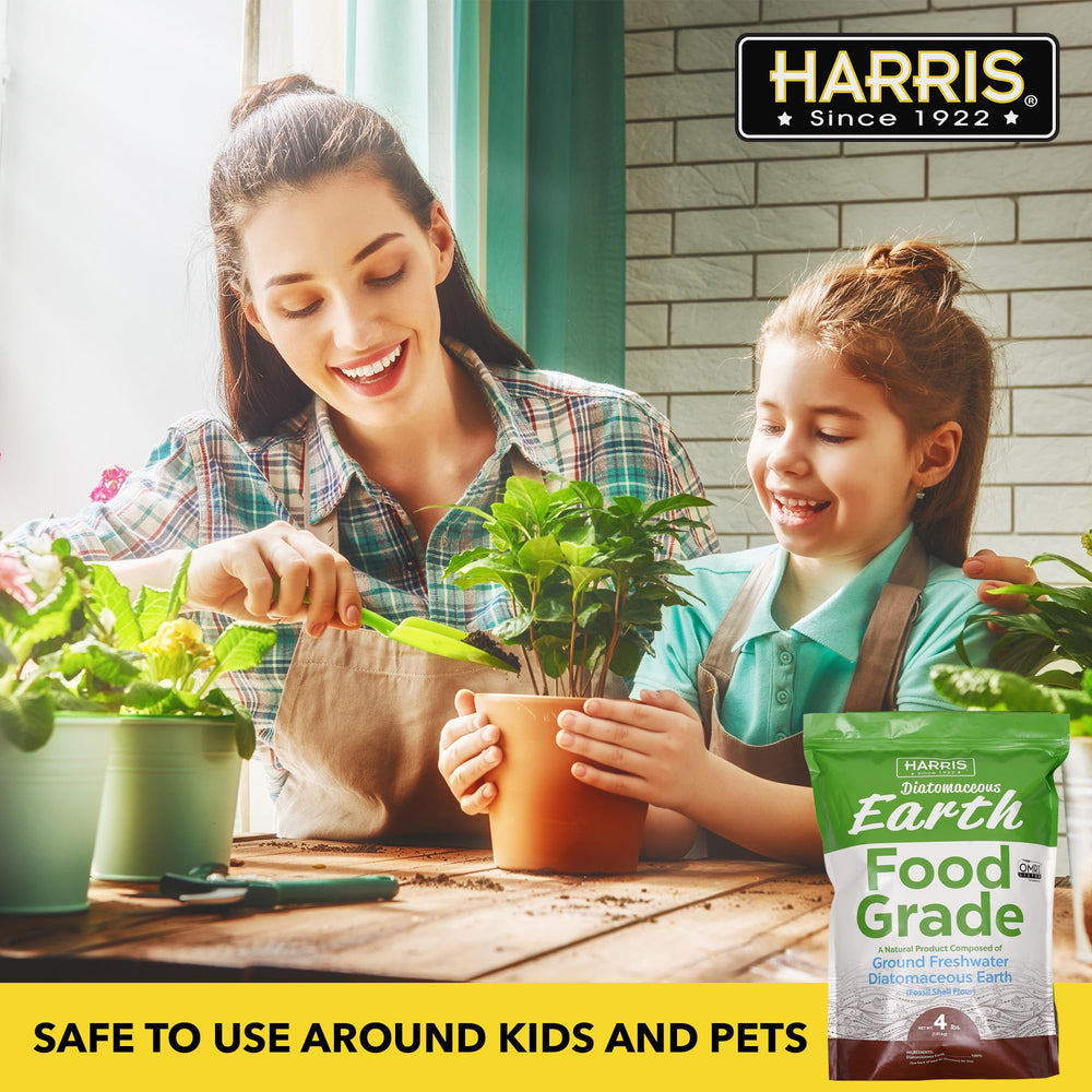 Harris Diatomaceous Earth close-up powder texture showing fine food grade consistency.