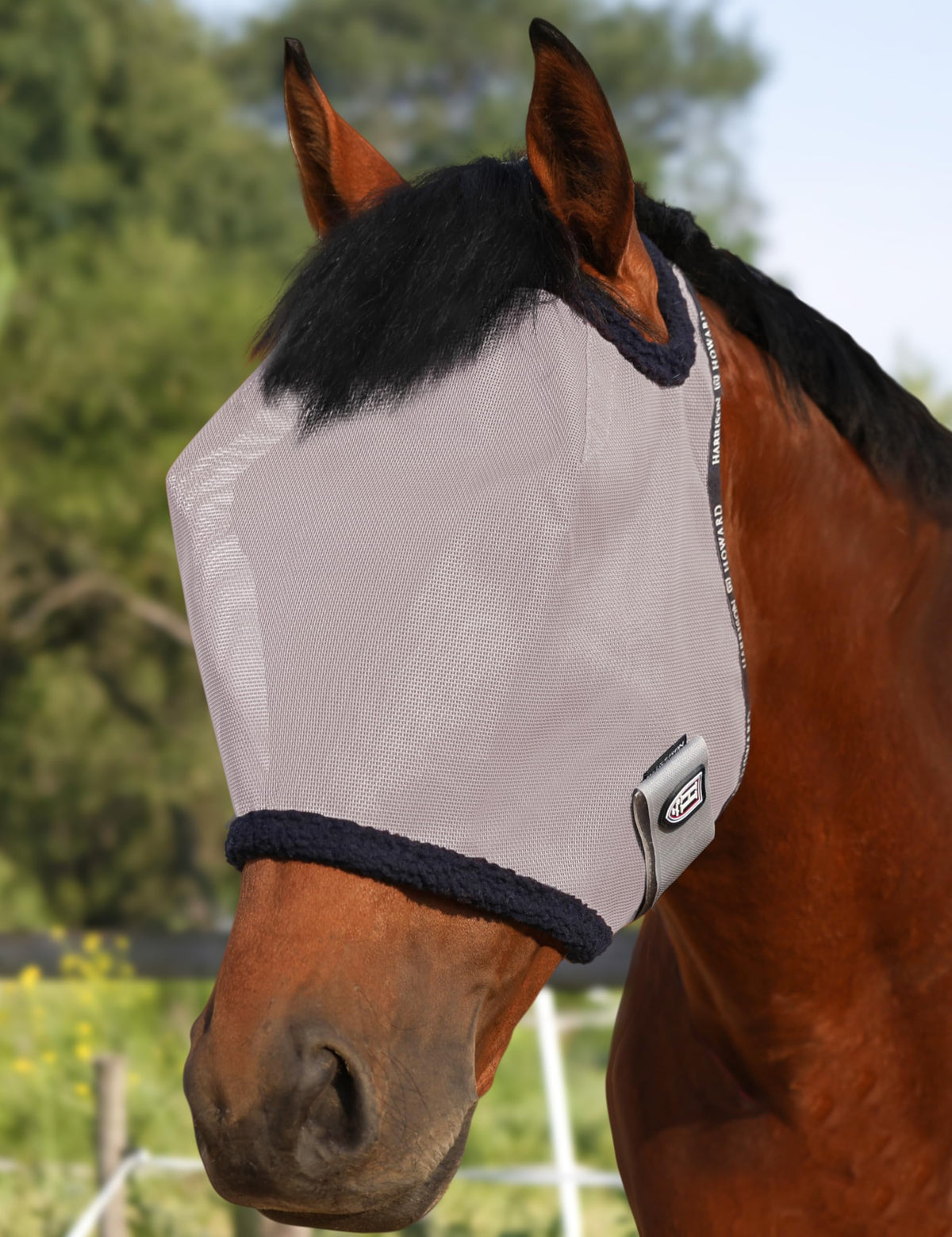 Harrison Howard All Round Mesh Fly Mask close-up shows dense breathable mesh for sun and bug protection