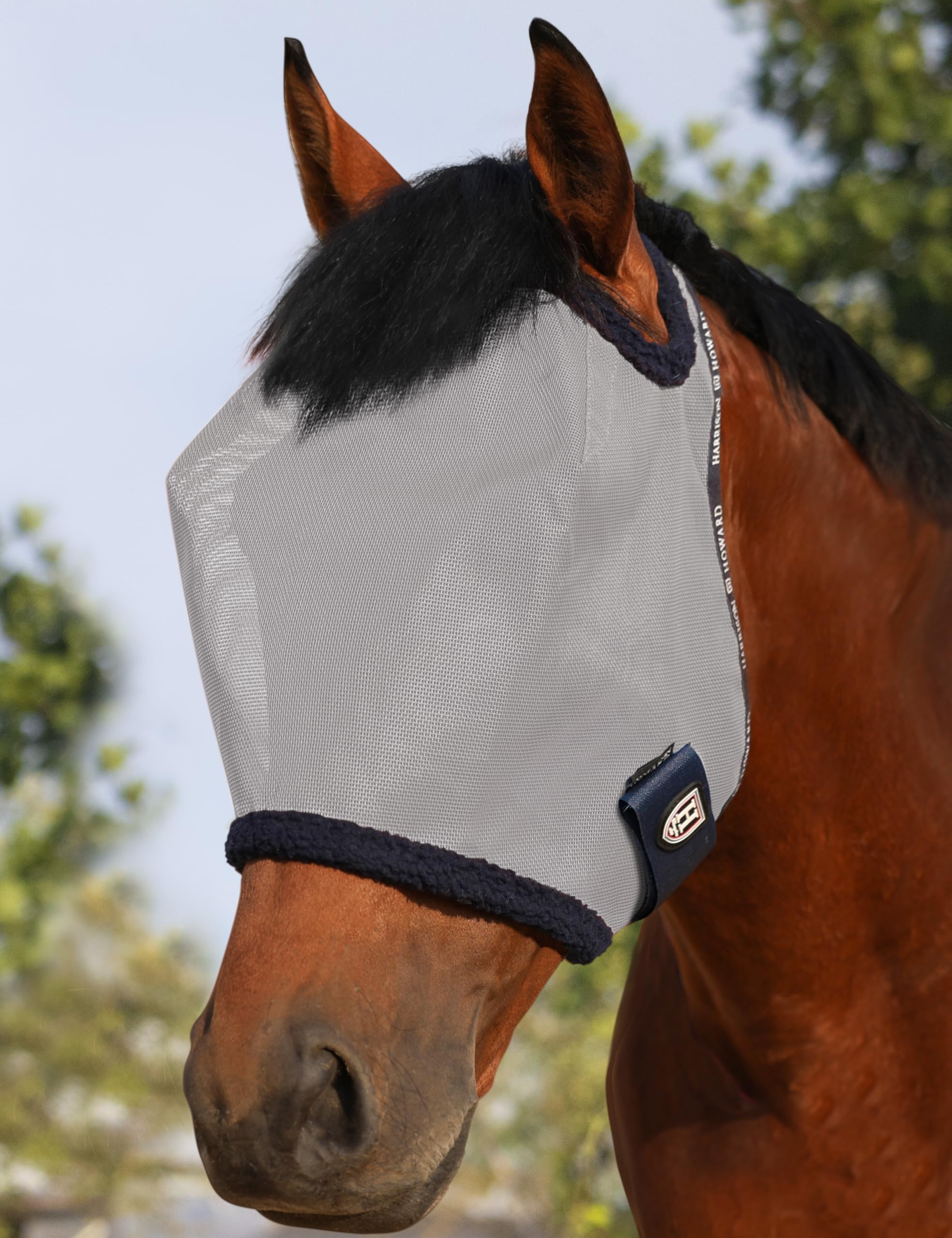 Harrison Howard all round mesh fly mask front view showing UV protection and breathable fabric