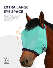 Harrison Howard All Round Mesh Fly Mask soft fleece trim reduces rubbing for horse comfort.