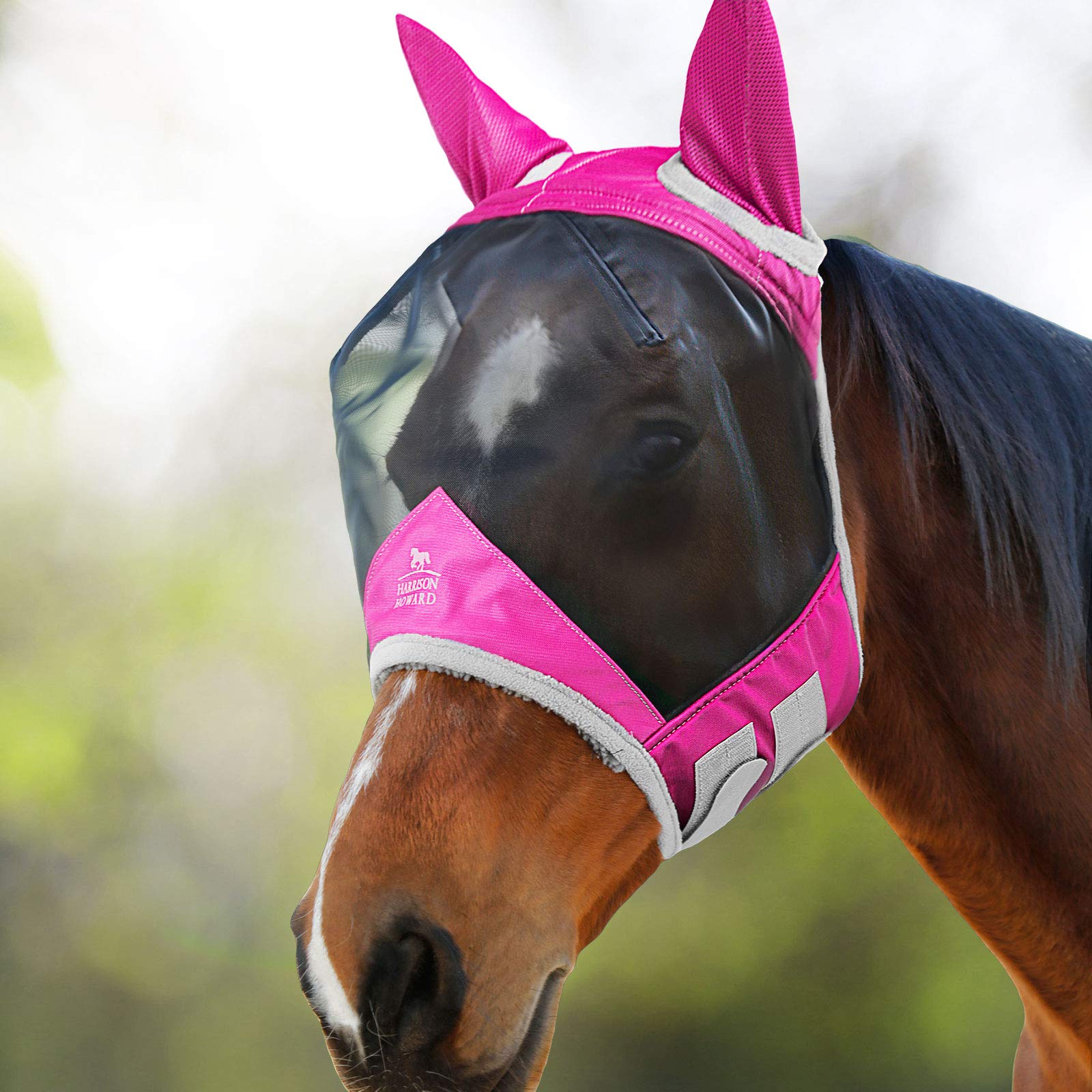 Harrison Howard CareMaster Pro half-face flamingo mask on left side highlighting UV protection and visibility