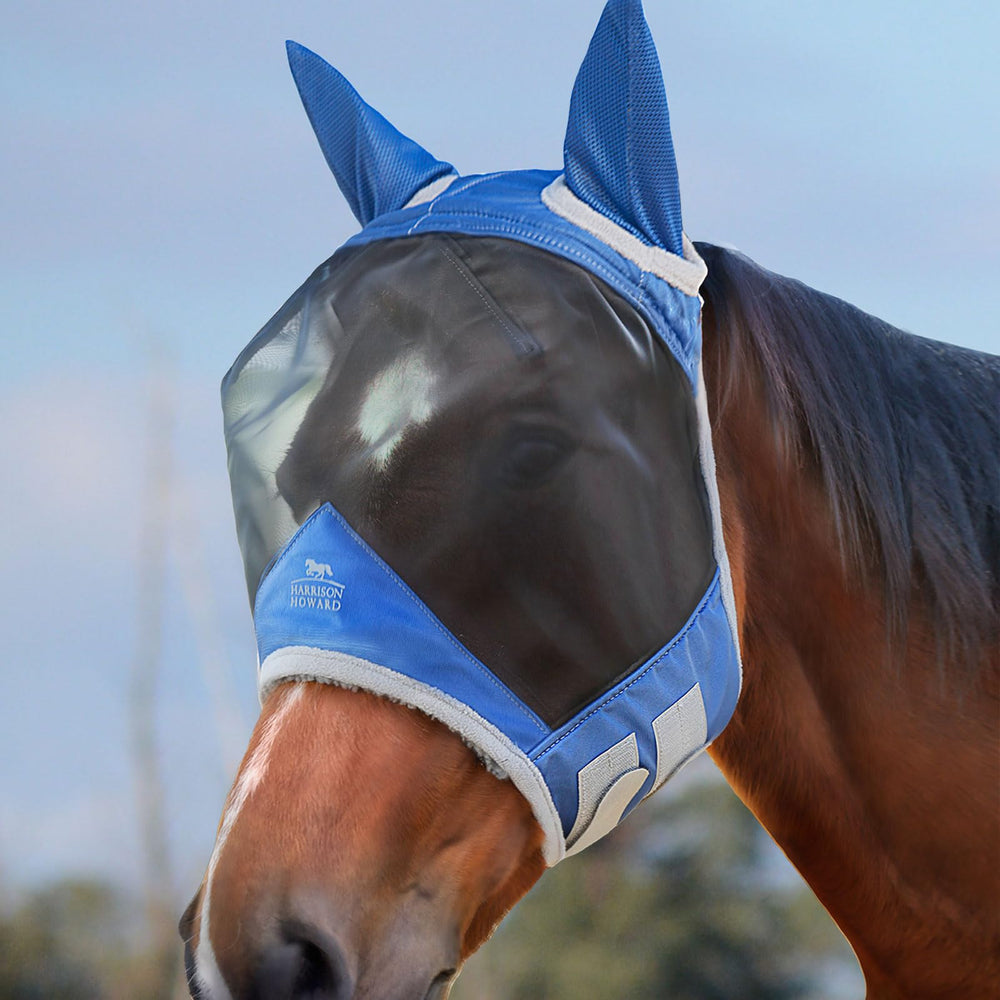 Harrison Howard CareMaster Pro mask on horse head with UV protection and clear visibility.