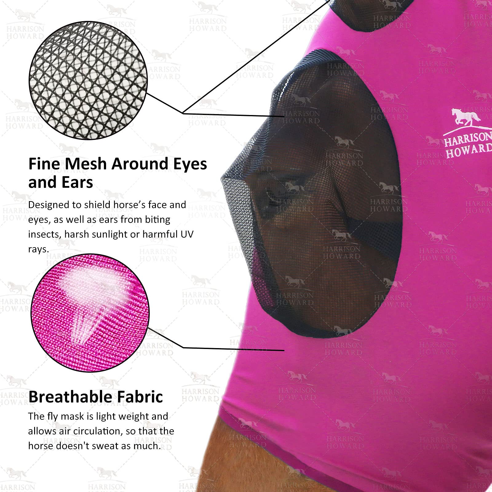 Harrison Howard fly mask eye-space with UV protection for sunny days.