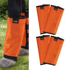 Harrison Howard fly boots orange full view for secure stay-on protection.