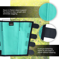 Harrison Howard mint fly boots back view, stomp-reducing PVC shield withstands pasture activity.