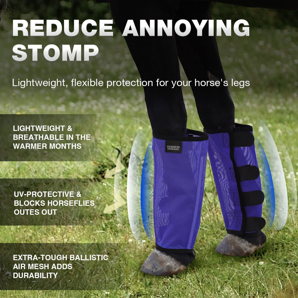 Harrison Howard fly boots feature stomp-reducing dense PVC shield for pasture wear.