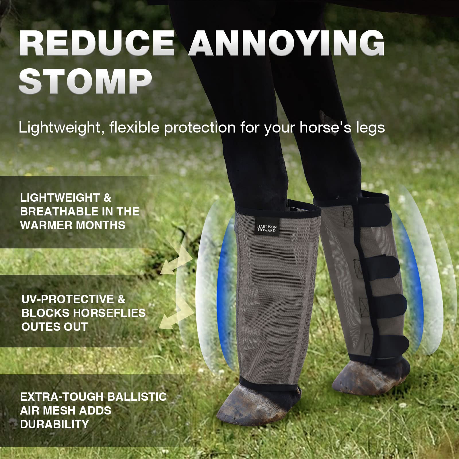 Harrison Howard fly boots with stomp-reducing shield in use on pasture