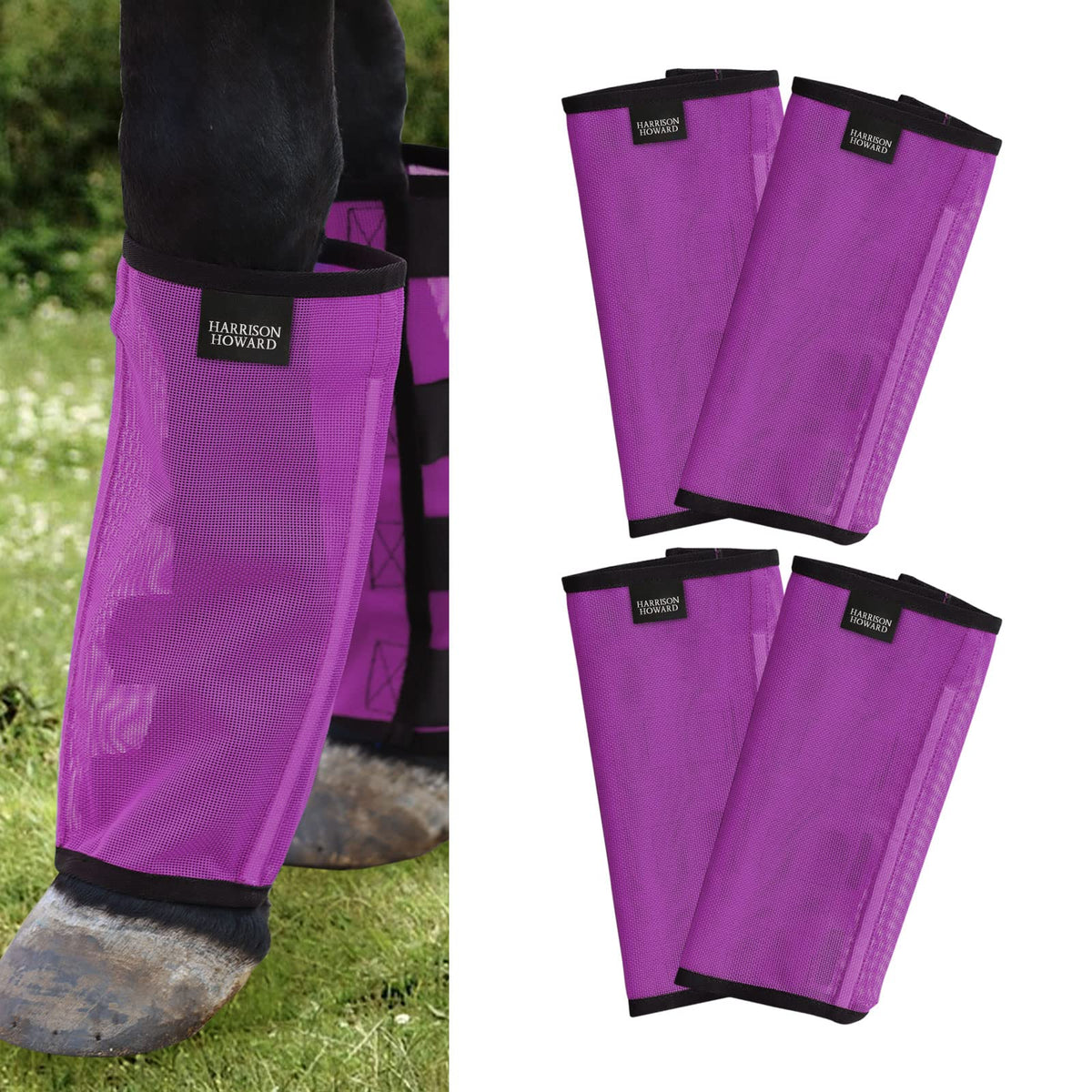 Harrison Howard fly boots on horse leg with UV-protective breathable mesh.