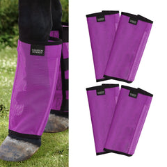 Harrison Howard fly boots on horse leg with UV-protective breathable mesh.