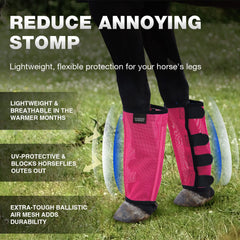 Harrison Howard fly boots magenta side view highlights stay-on design for secure fit.