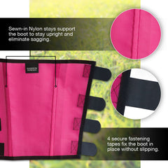 Harrison Howard fly boots magenta strap layout emphasizes four fasteners for easy on/off.