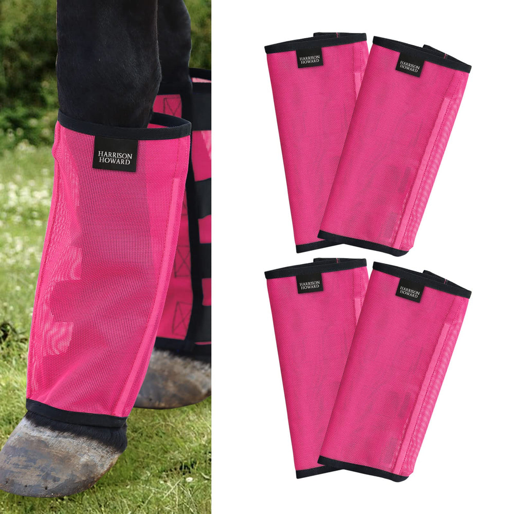 Harrison Howard fly boots with UV-protective mesh provide breathable leg protection for magenta small size