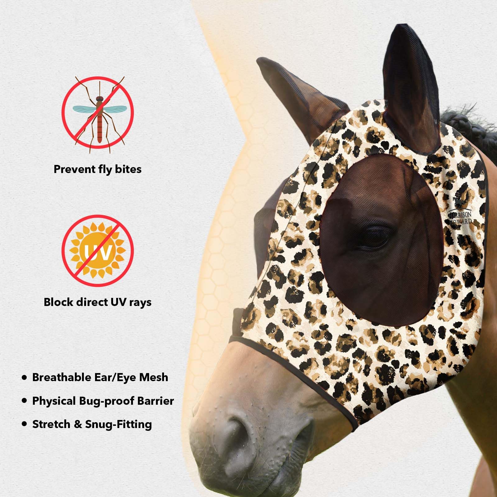 Harrison Howard leopard-print fly mask showing skin-friendly design