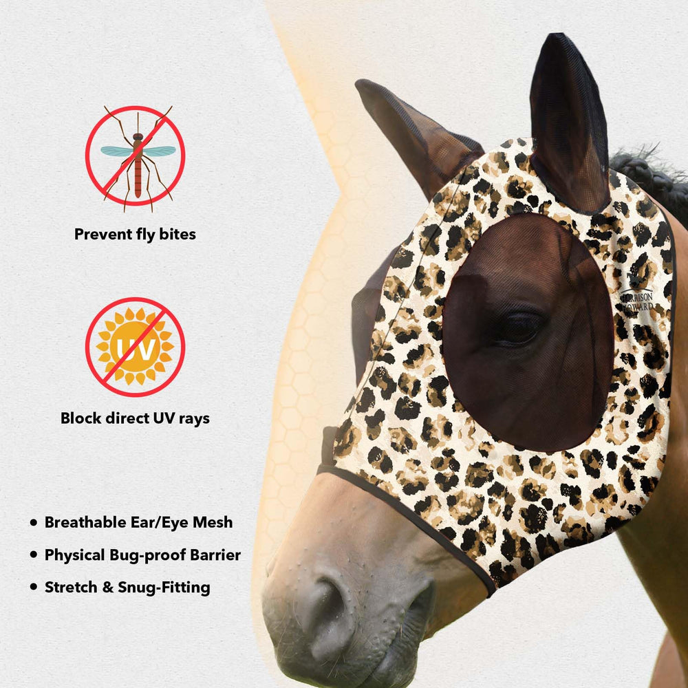 Harrison Howard leopard-print fly mask showing skin-friendly design