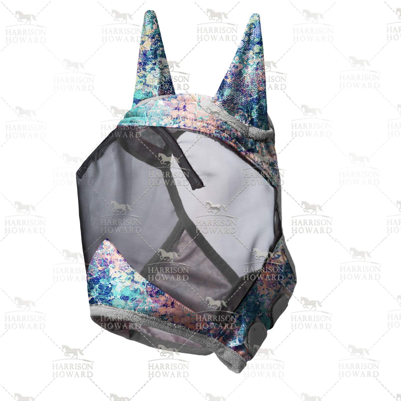 Harrison Howard LumiVista fly mask side view with secure closures for a snug fit