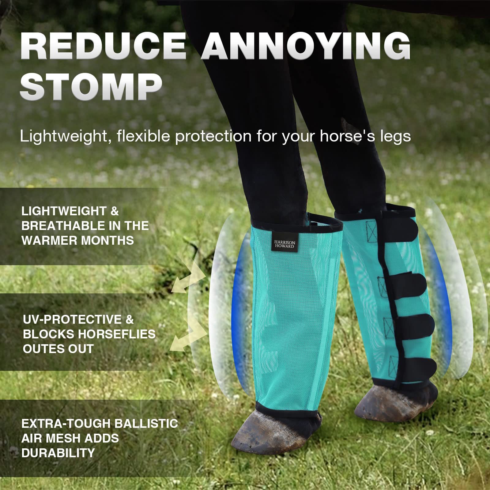 Harrison Howard mint ventilated fly boots show breathable mesh design.