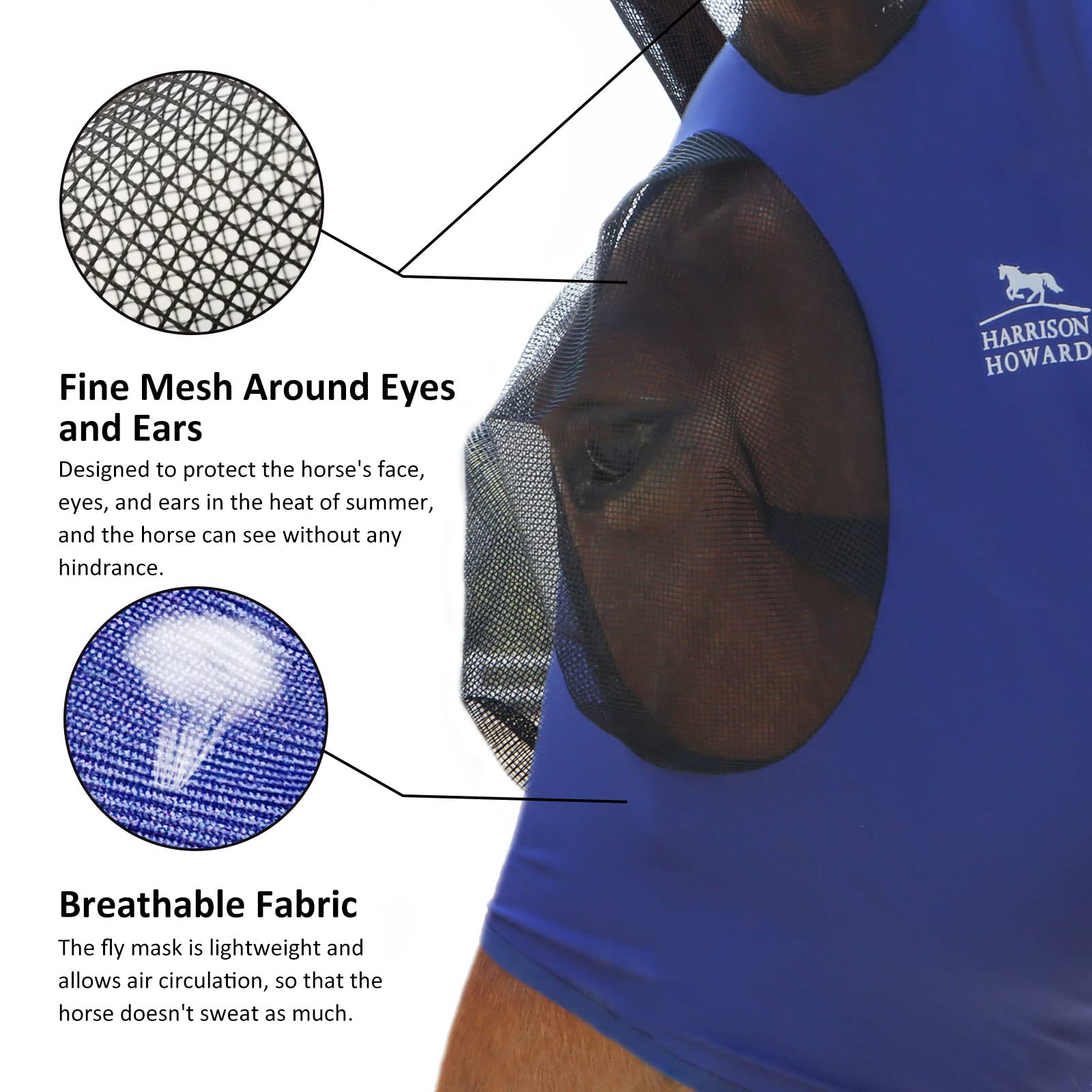 Harrison Howard soft-skin breathable fly mask keeps horse comfortable all day