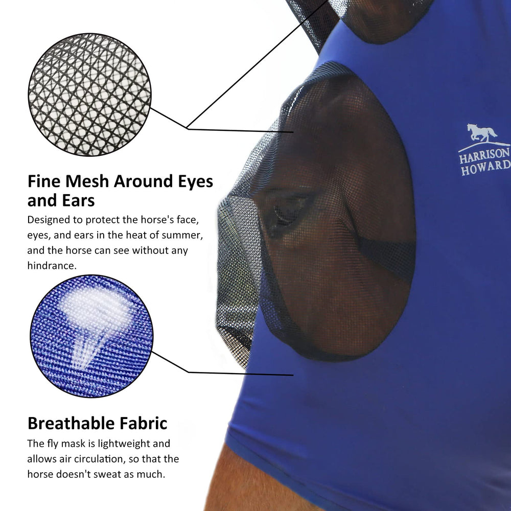 Harrison Howard soft-skin breathable fly mask keeps horse comfortable all day