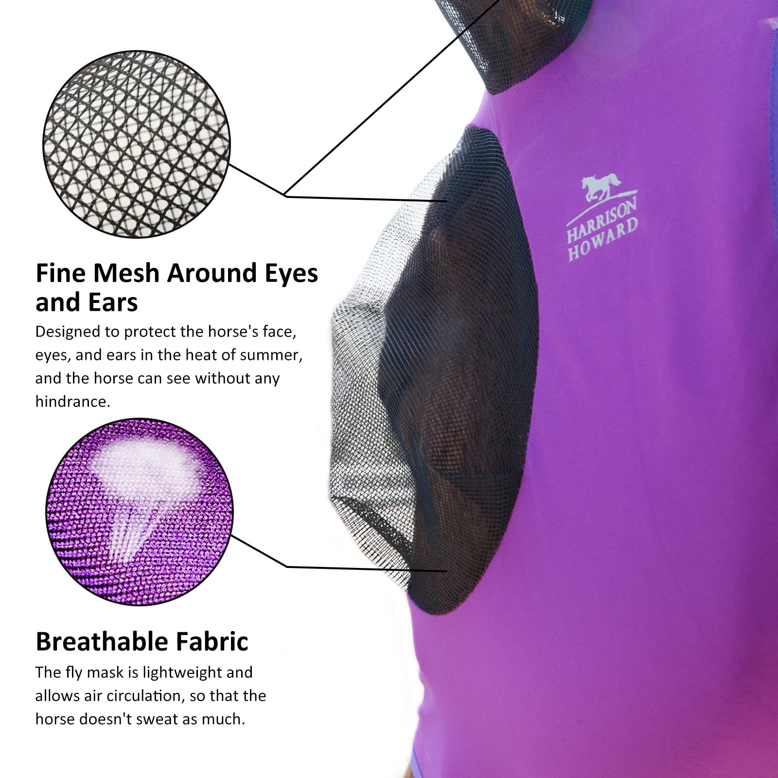 Harrison Howard fly mask with stretchy ear mesh for a soft, breathable fit.