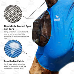 Harrison Howard UV protection fly mask guards horse face in sun.