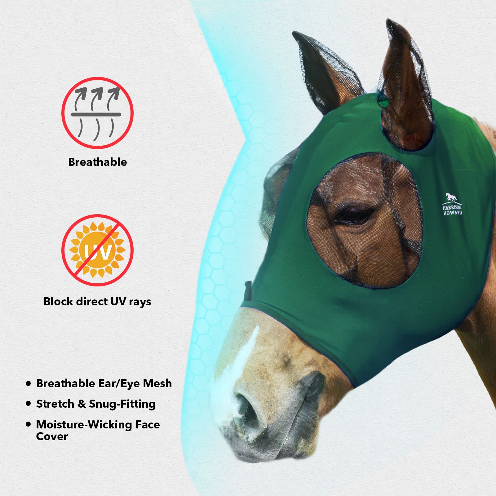 Harrison Howard Fly Mask offering UV protection in bright sun for horse comfort.