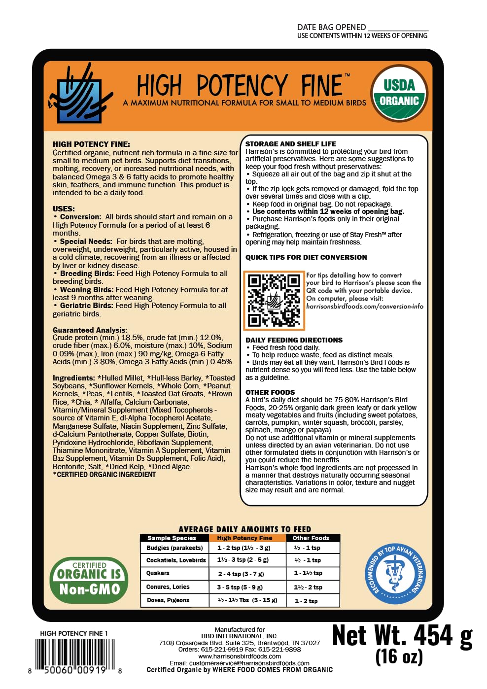 Harrison's packaging box showcases certified organic, non-GMO ingredients for healthy diets.