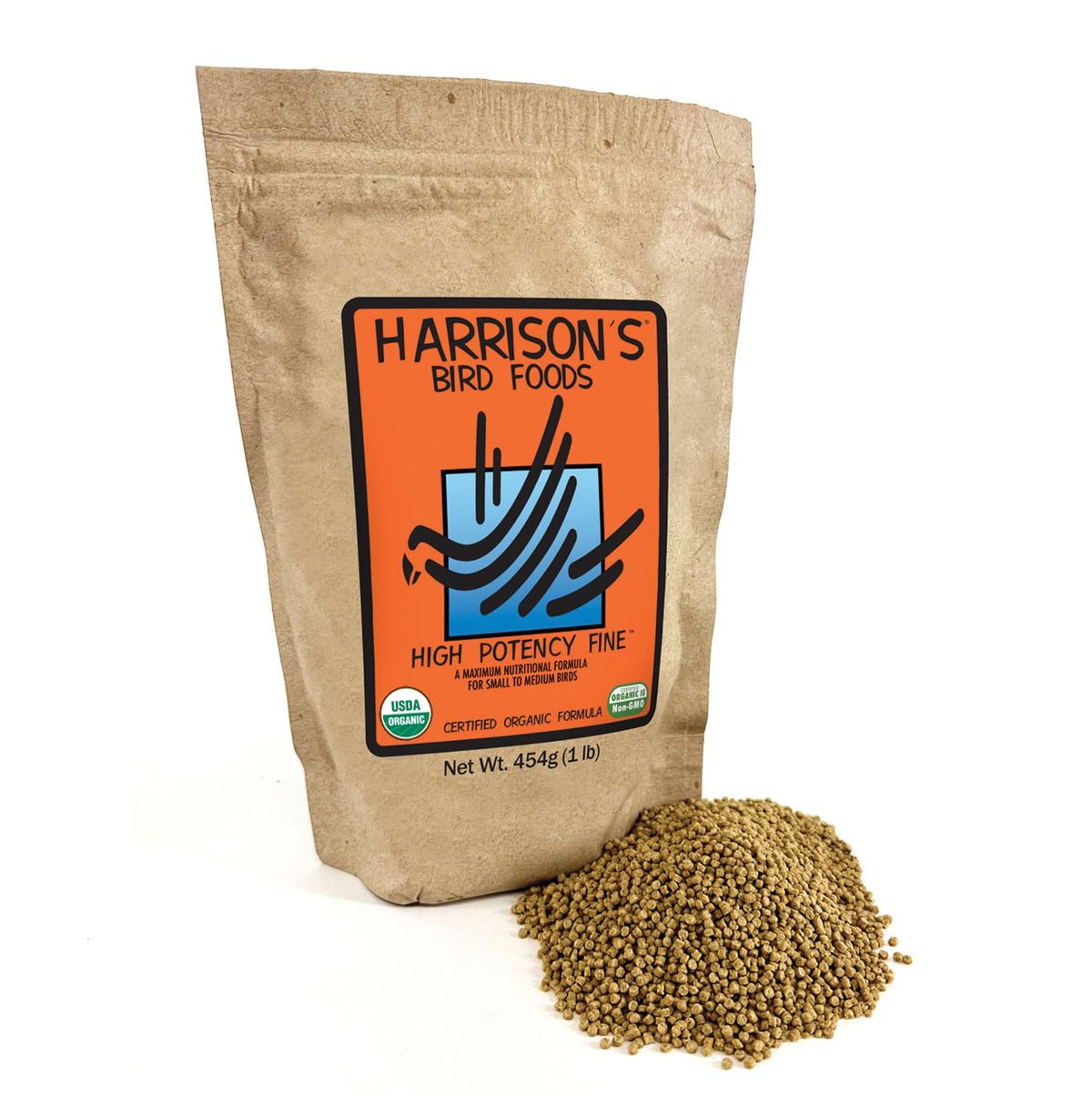 Harrison's High Potency Fine pellets poured from the bottle support balanced nutrition for small birds.