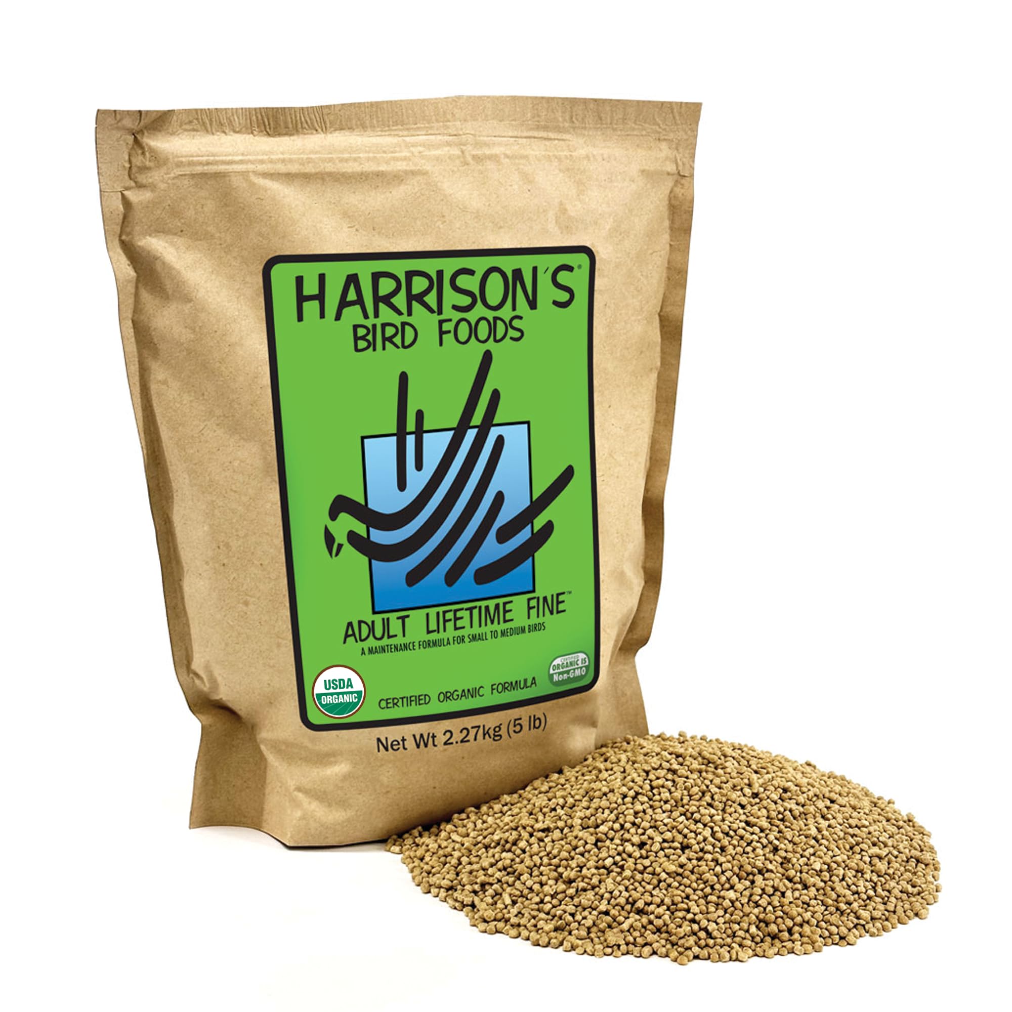 Harrison's Bird Foods Adult Lifetime Fine bag label shows organic, non-GMO nutrition.