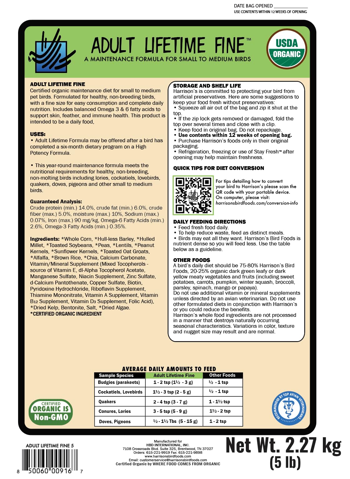 Harrison's Bird Foods grain close-up highlights organic heritage ingredients.