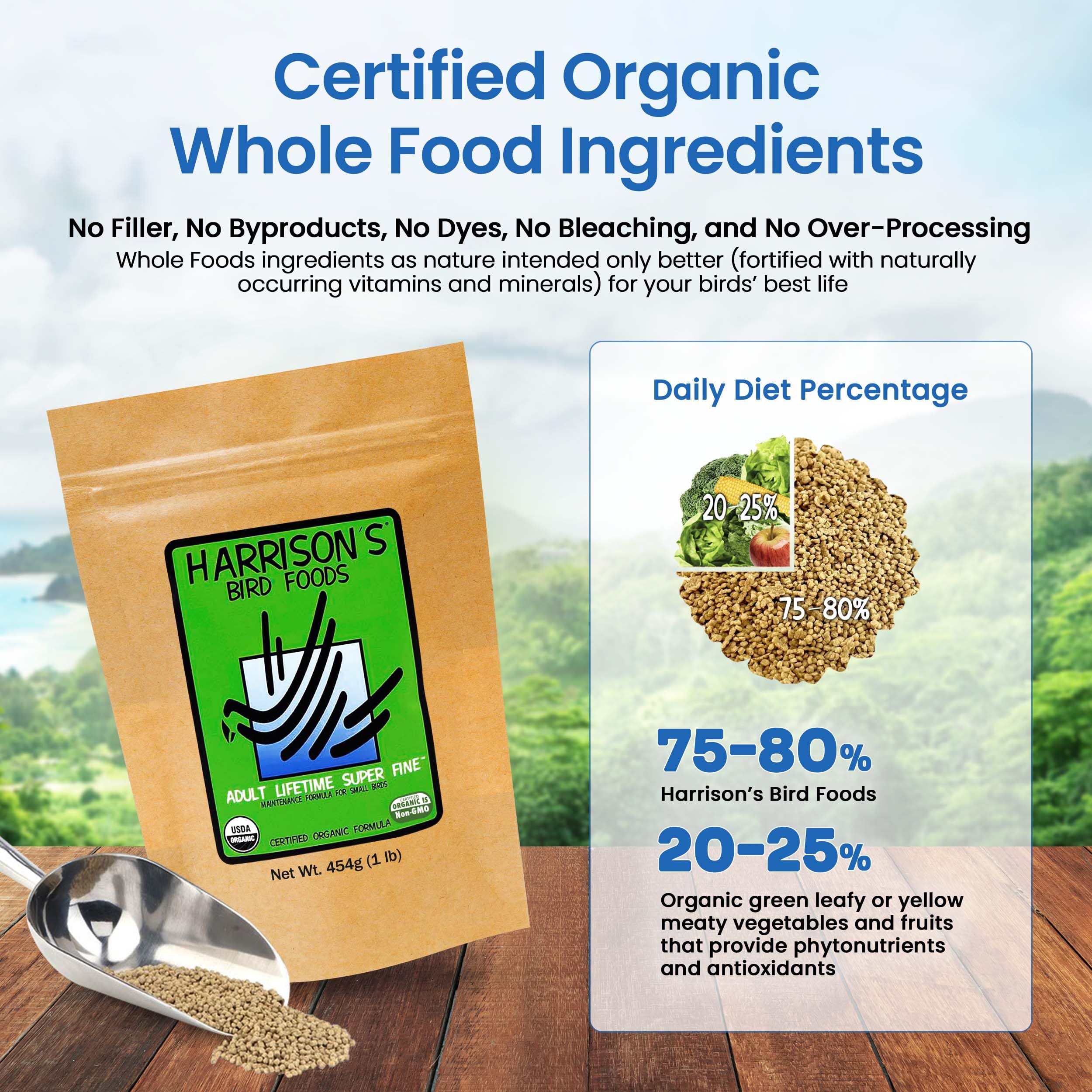 Non-GMO Harrison's formula framed as a clean ingredient choice for birds.