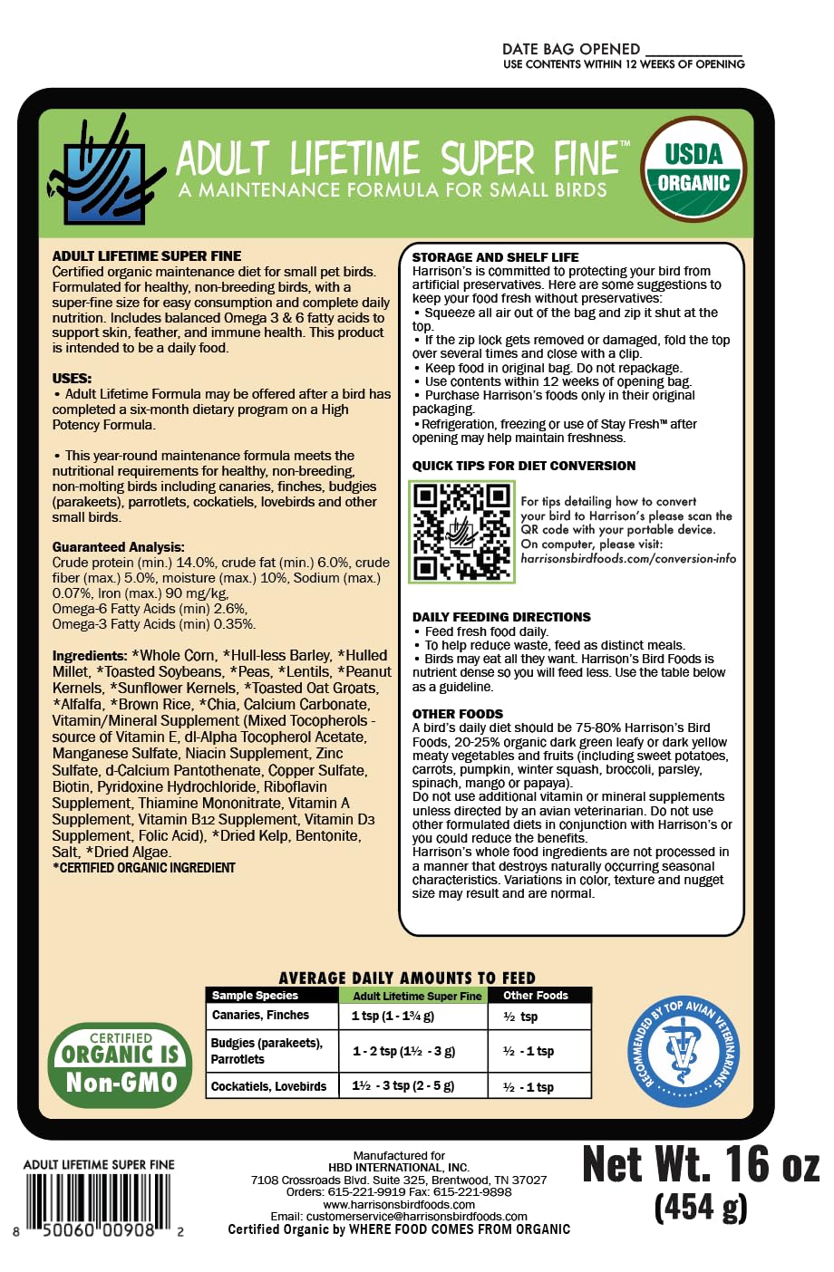 Close-up of Harrison's Organic label highlighting certified organic ingredients.