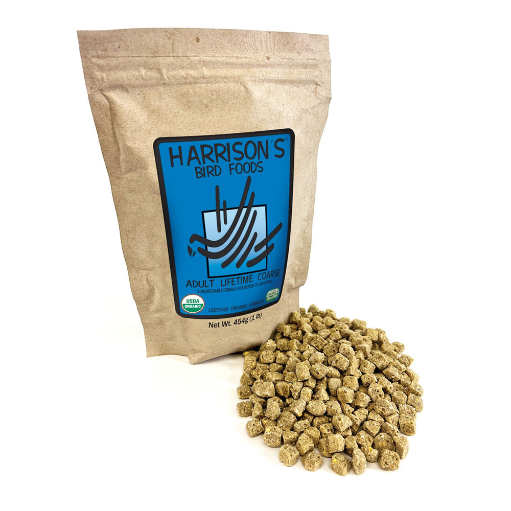 Harrison's Adult Lifetime Coarse bag showing grain texture and packaging for easy serving