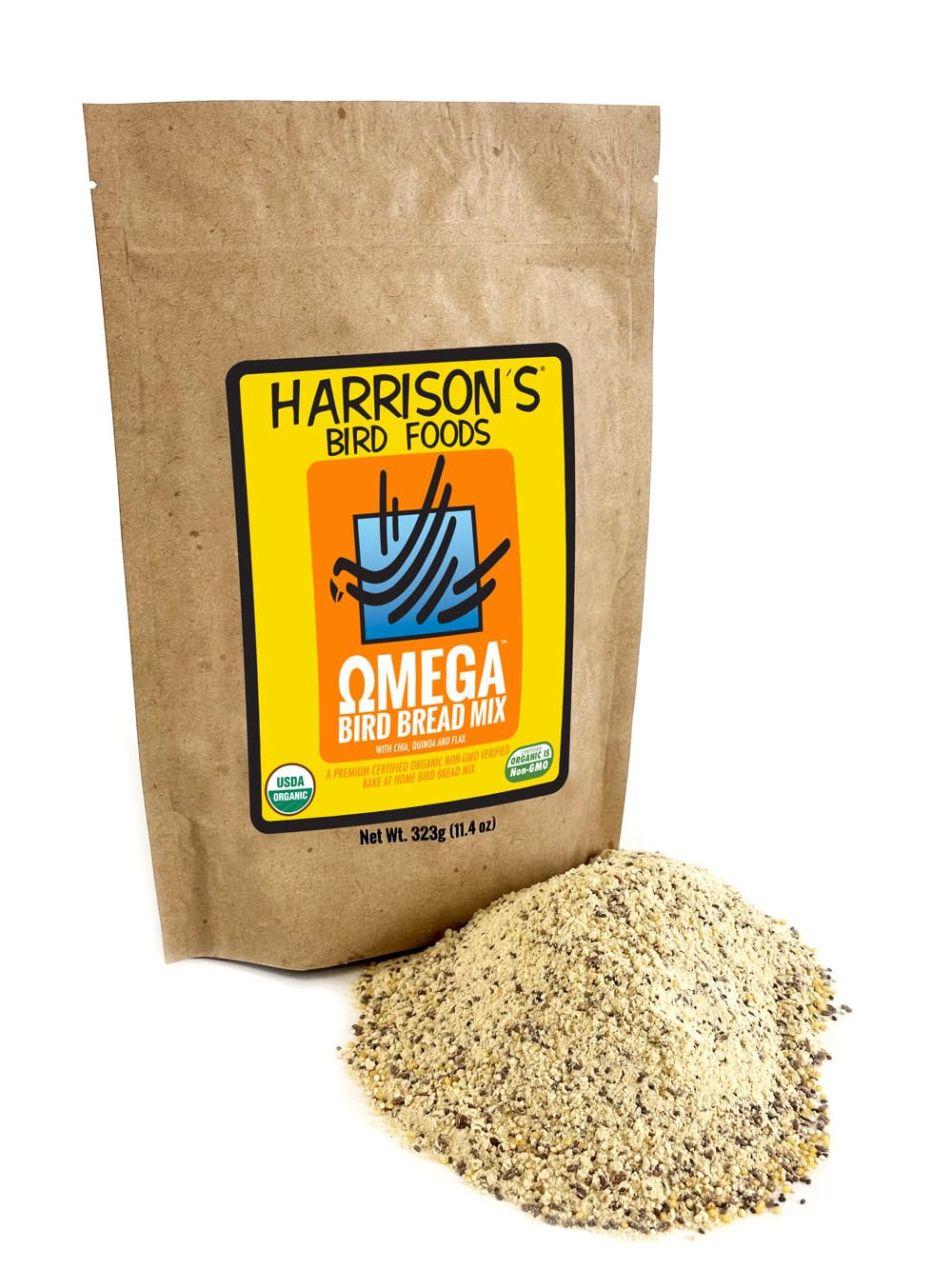 Harrison's Omega Bird Bread Mix package on the counter for bake-at-home nutrition