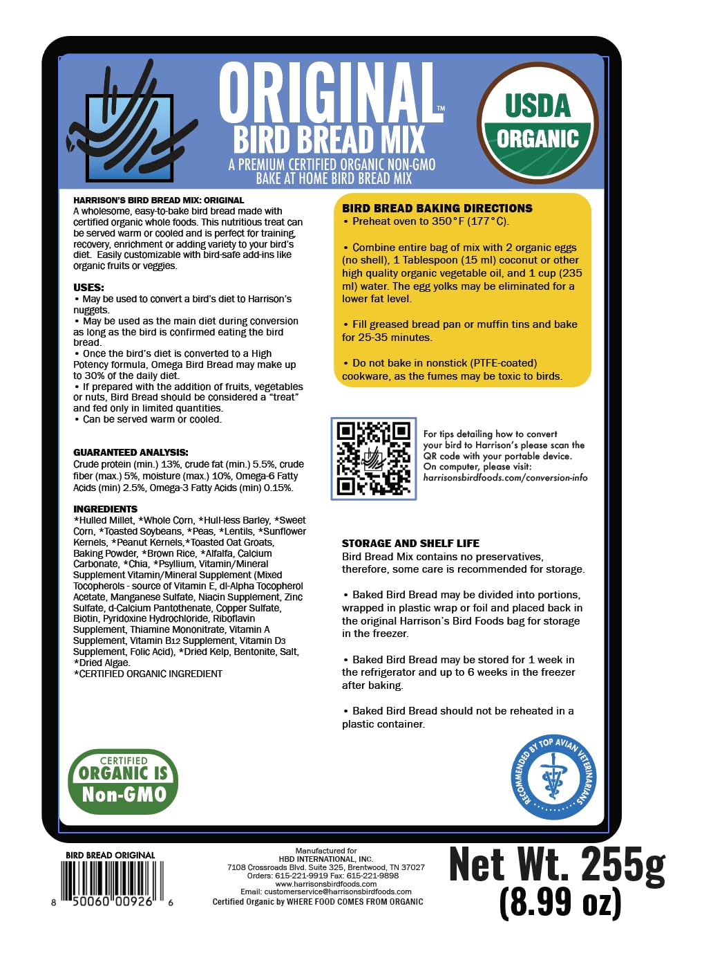Harrison's organic ingredients close-up highlight quality and natural nutrition for your feathered companion.